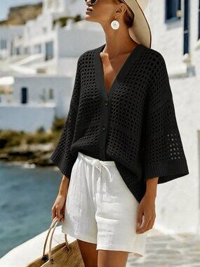 Black Casual Women's V-Neck Sleeveless Mesh Loose Cardigan
